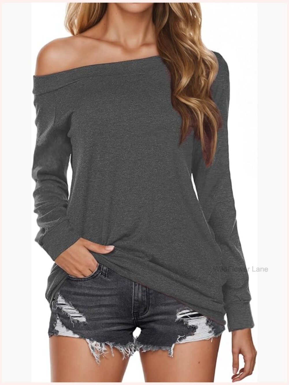 Off Shoulder Tunic Boat Neck Long Sleeve Blouse Loose Fit Oversized Top